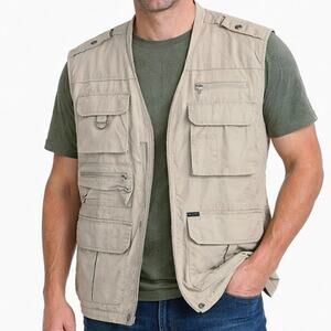 Woolrich Utility Vest Men’s XL Tan Cotton Fishing Safari Outdoor Pockets Hiking